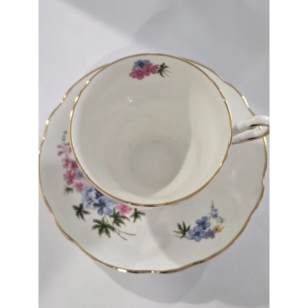 Regency Porcelain Cup Saucer Set Spring Pink Blue Flowers Gold Trim England
